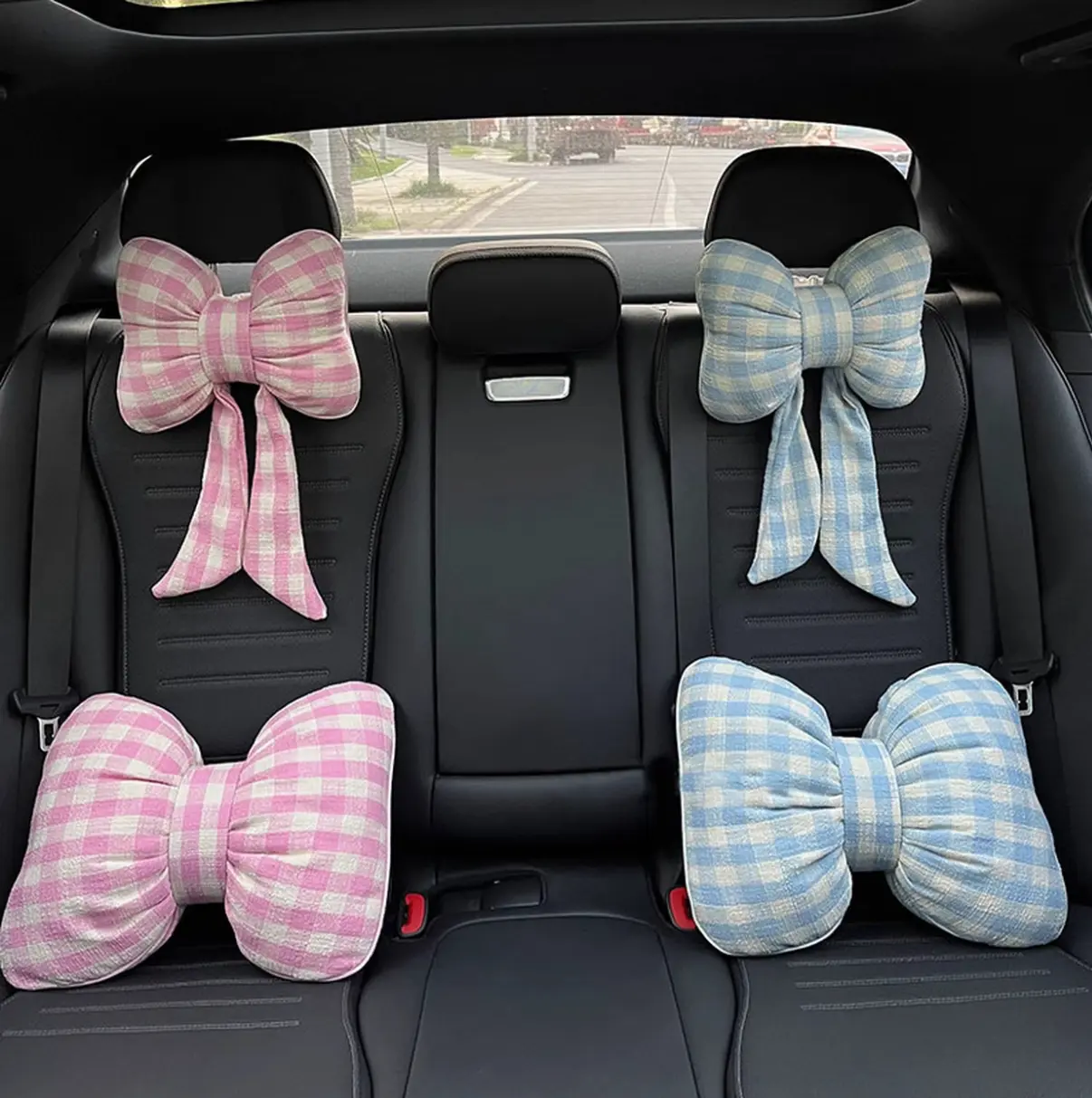 Breathable Linen Bowknot Car Pillow Set - Soft Neck & Lumbar Support Cushion for Summer, Universal Fit for Most Car Seats & Long Sitting Office Workers