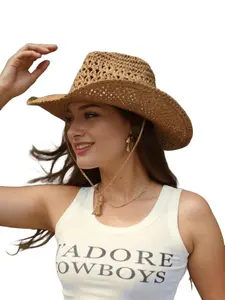 Adult Sun Straw Woven Western Cowboy Hat, Casual Fitted Plain Design, Perfect for Daily Wear, Outdoor Activities, Beach Outing, Stylish Summer Accessory