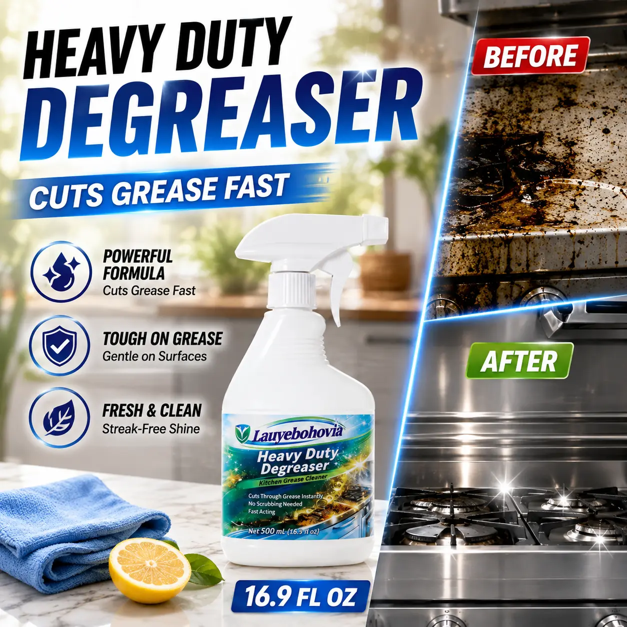Heavy Duty Kitchen Degreaser Spray - No Scrubbing Fast Acting Grease Remover & Multi-Surface Cleaner for Stove, Lauyebohovia 16.9oz