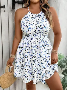 Plus Size Women's Blue Gradient Print Halter Neck Sleeveless Short Casual Dress, High Waist Elastic Design, Beach Style, Vacation Music Festival Pool Party, Lightweight Breathable