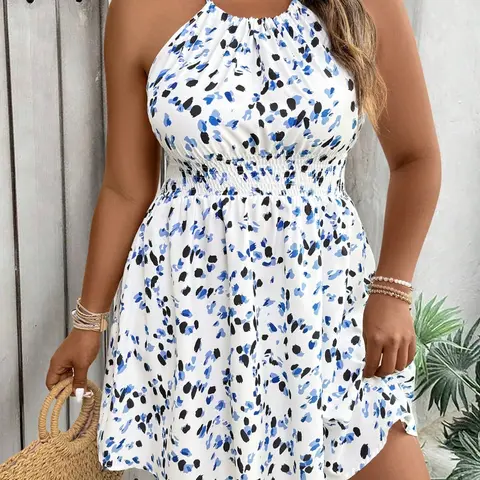 Plus Size Women's Color Gradient Print Short Dress, High-Waist Elastic Design, Beach Style Chic Slimming and Breathable Casual Wear, Outfit for Vacation, Festivals and Pool Parties