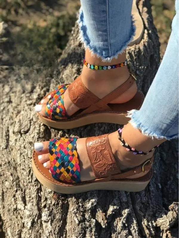 Huarache platform tooled/ Mexican sandals women/platforms sandals Mexican style/ huarache wedge/ leather sandals women/sandals multicolor
