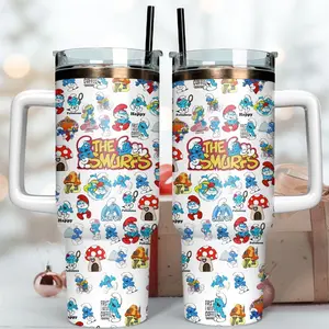 The Smurfs Cartoon Custom Cup 40oz Tumbler With Handle, Cute Cartoon Movie Tumbler 40oz Flask Travel Cup