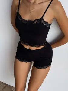 Women's Sexy Sleeveless Spaghetti Strap Crop Top & Short Pants Set, Plain Slim Fit Design, Contrast Lace Detailing, All-Season Wear, Womenswear