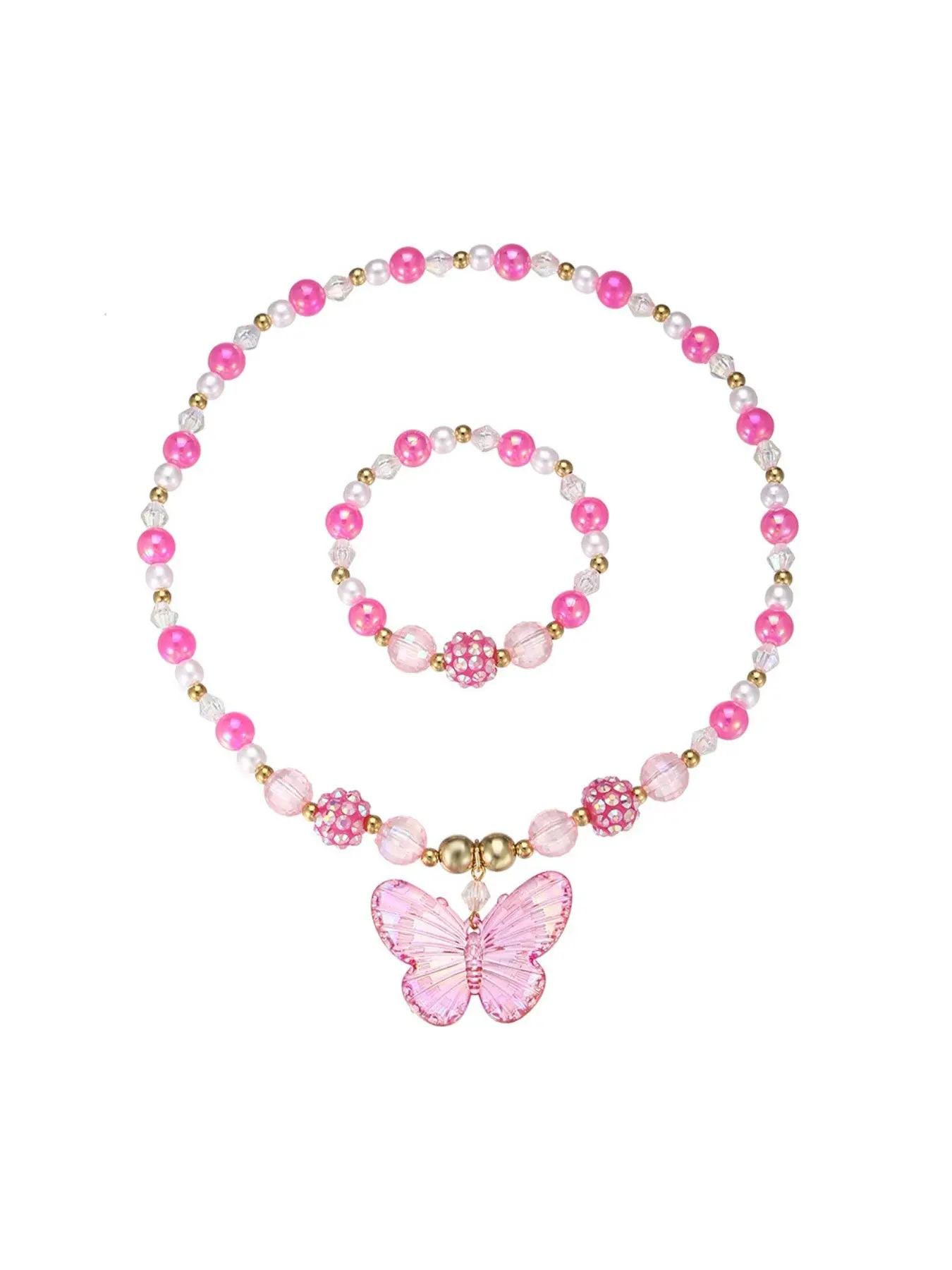 Children Crystal Necklace Girl Princess Matching Bracelet Pearl Jewelry Set Cartoon Butterfly Charm, Cute Kids Accessory Gift Beaded Bracelet Set