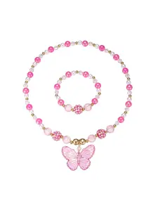 Children Crystal Necklace Girl Princess Matching Bracelet Pearl Jewelry Set Cartoon Butterfly Charm, Cute Kids Accessory Gift Beaded Bracelet Set