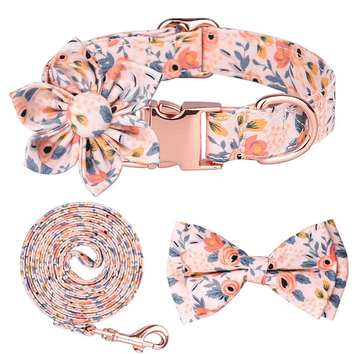 Floral Pattern Pet Collar & Leash Set (4 Counts/set), Adjustable Pet Collar with Bowknot & Leash & Flower Accessories, Fashionable Pet Supplies for Ca