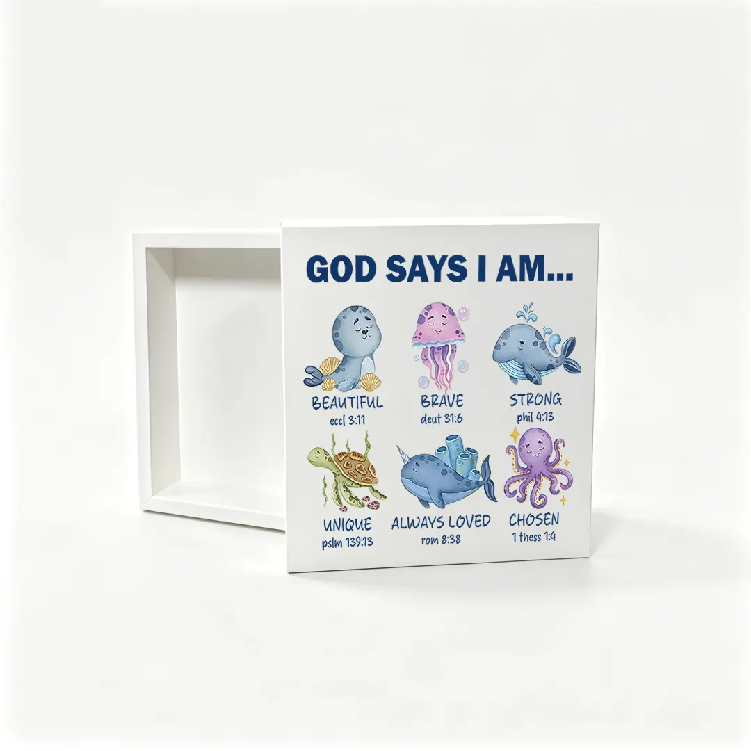 God Says I Am Christian Decor – Cute Sea Animal Bible Verse Wooden Block, Inspirational Religious Gift for Kids Baby Shower Easter Birthday Nursery Wall Art
