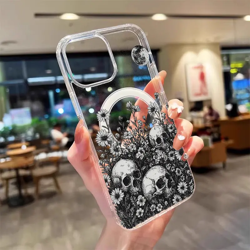 Skulls & Wildflowers 2D Print MagSafe Silicone Casing for iPhone 17 Pro Max/16/16e/15/14 Pro/14 Plus/13 Pro/13/12/11/X/XS, Soft Waterproof Acrylic, Transparent Scratch Resistant, Camera Protection, Wireless Charger Compatible Smartphone Accessory Gift