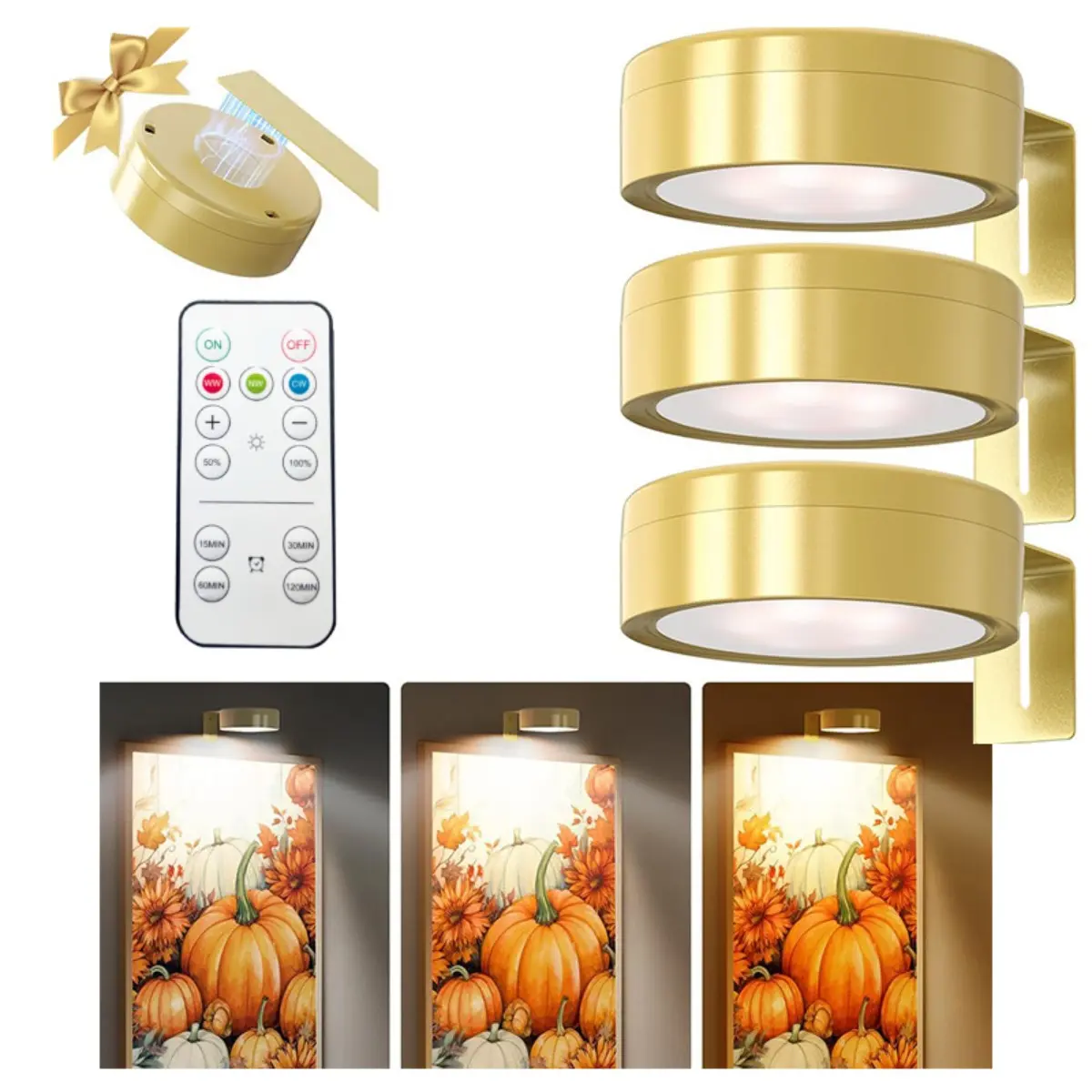 Wireless Metal Wall Lights Set, LED Art Lamp Battery Powered, Magnetic Wireless Spotlight with Remote Control, Three Lighting Modes, Picture Frame Light, Home Decoration Lamp, Indoor Decorative Light
