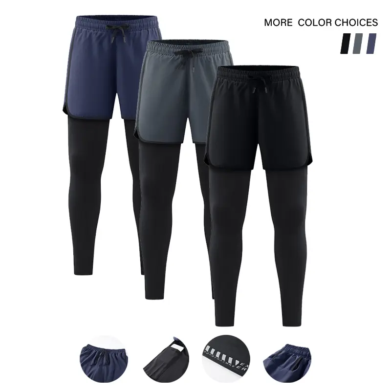 Men’s casual athletic long pants, all-season design with a faux two-piece look (single pack), featuring pockets, regular fit, elastic waistband, quick-drying breathable fabric, moisture-wicking, suitable for hiking and training.Yoga.Fitness apparel, durab