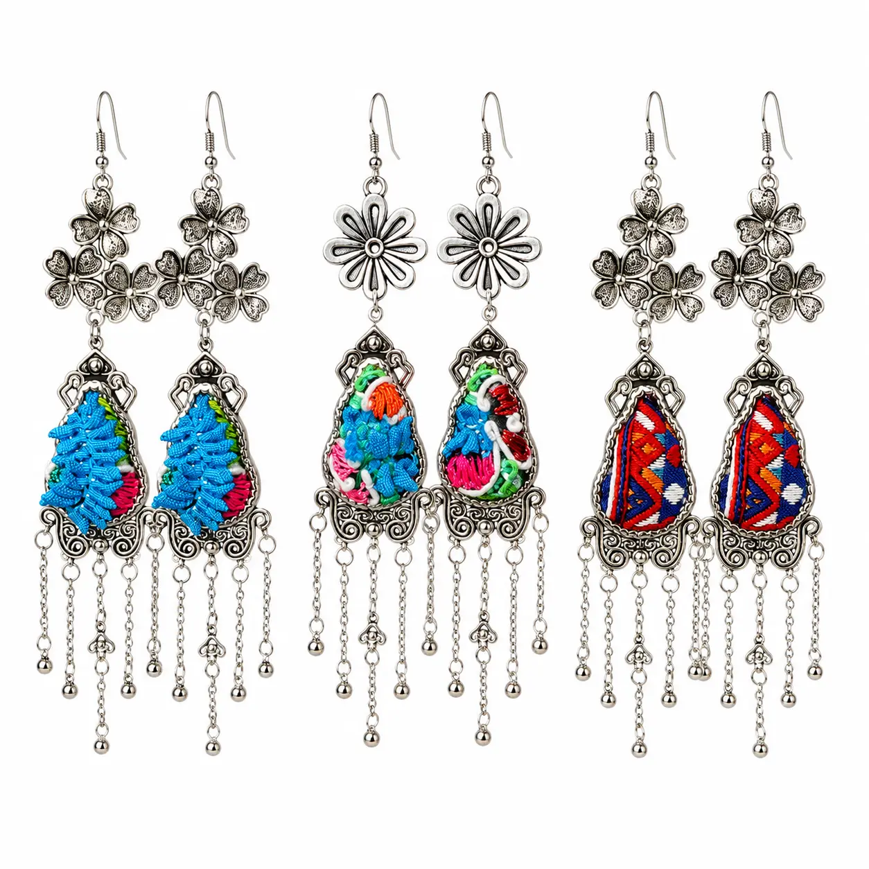 Handmade Gourd Long Tassel Earrings, Counted-Thread and Pleated Embroidery, 11 cm, Handmade Textile Jewelry Gift, Trendy Jewelry, Fashionable Jewelry