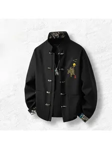 1 PC Men's Fall/Winter Fashion Short Lapel Chinese Character Pattern Printed New Chinese Style Collar and Sleeve Design Long-Sleeve Coat Comfortable, with Drawstrings and Pockets