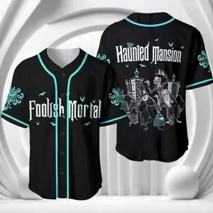 Retro Haunted Mansion Inspired Baseball Jersey – Vintage Spooky Halloween Button Down Shirt, Ghost House Theme Casual Outfit