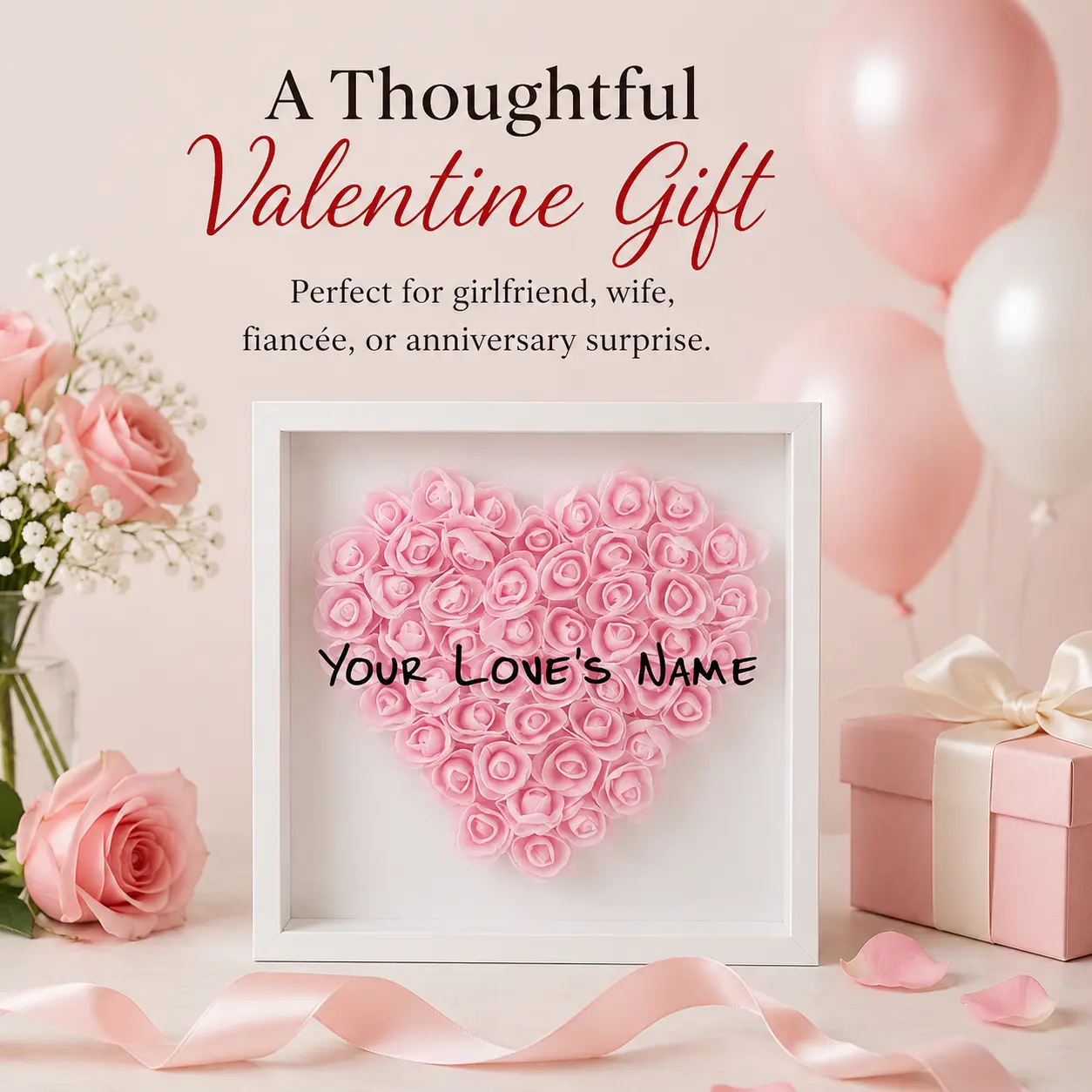 Personalized Rose Heart Frame Custom Love Flower Shadow Box Valentine Day Gift PE Foam Flowers Custom Text Home Decor