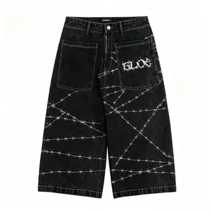Jeans For Women Barbed Wire Print Loose-Fit Jeans Vintage Washed Black Y2k Gothic Graffiti Embroidery Streetwear Hip-Hop Punk Casual Bottoms, Perfect For Everyday Wear Nightclub Parties And Street Style Outfits