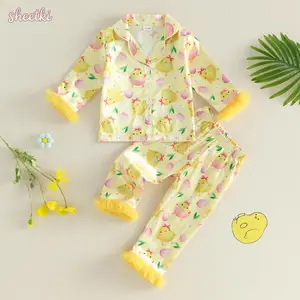 2Pcs Easter Pajamas Sets for Girls Long Sleeve Lapel V Neck Button Down Chick Egg Print Tops and Elastic Waist Pants