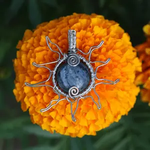 Silver Wire Wrapped Blue Flash Larvikite Crystal Sun Pendant