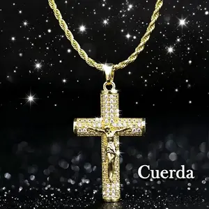 14K Real Gold-Plated Crucifix Men's Necklace, 24" Nanotech Anti-Tarnish Rope Chain, Christian Jesus Cross Pendant Religious Jewelry Gift