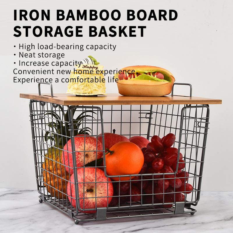 Stackable Metal Wire Basket with Bamboo Lid — Kitchen Countertop Organization & Storage — Cabinet, Shelf, and Counter Space-Saving Organizer — Snack, Fruit, Onion, Potato, Bread Storage Basket