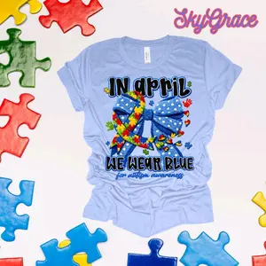 SkyGrace In April We Wear Blue for Autism Awareness T-Shirt with Colorful Puzzle Pieces Design