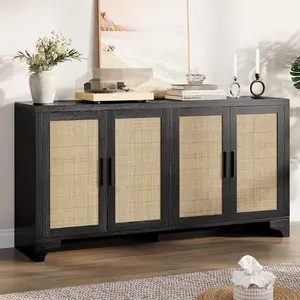 Garvee Natural Rattan Storage Cabinet with Shelves, 4-Door Sideboard Buffet Cabinet, Boho Console Table for Living Room, Entryway, Dining Room - Stylish and Functional Furniture
