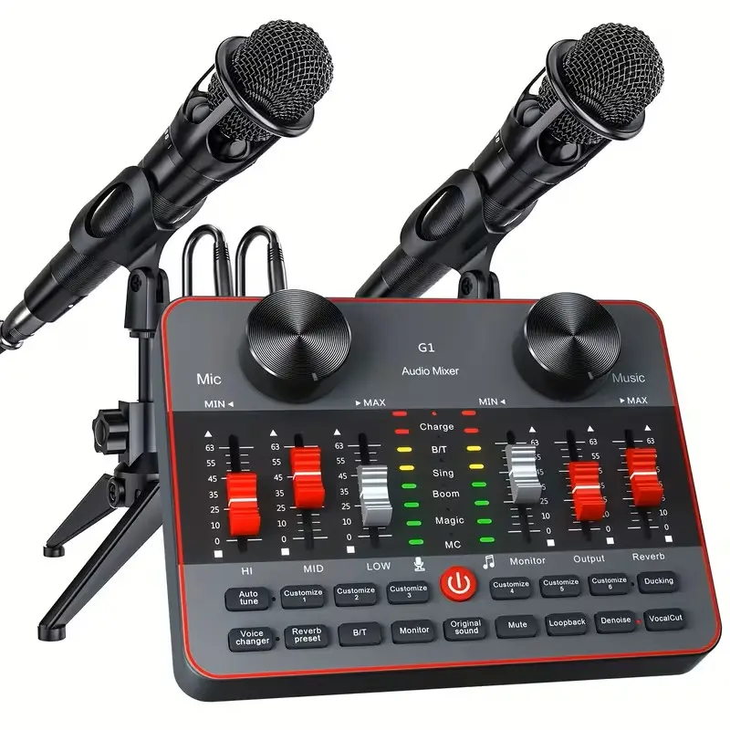 Custom Audio Mixer Kit with Dual Microphones, Level 2 Noise Reduction, Suitable for Podcasting, Singing and Duet Live Streaming