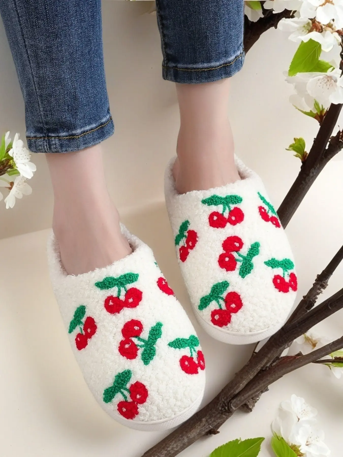 Cute Cherry Embroidered Plush Slippers, Comfortable Indoor Shoes for Men & Women, Perfect Christmas Gift, All Seasons Wear, Home Slippers, House Slippers