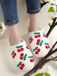 Cute Cherry Embroidered Plush Slippers, Comfortable Indoor Shoes for Men & Women, Perfect Christmas Gift, All Seasons Wear, Footwear