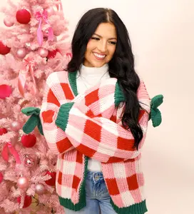 Girly Plaid Christmas Bow Open Front Cardigan