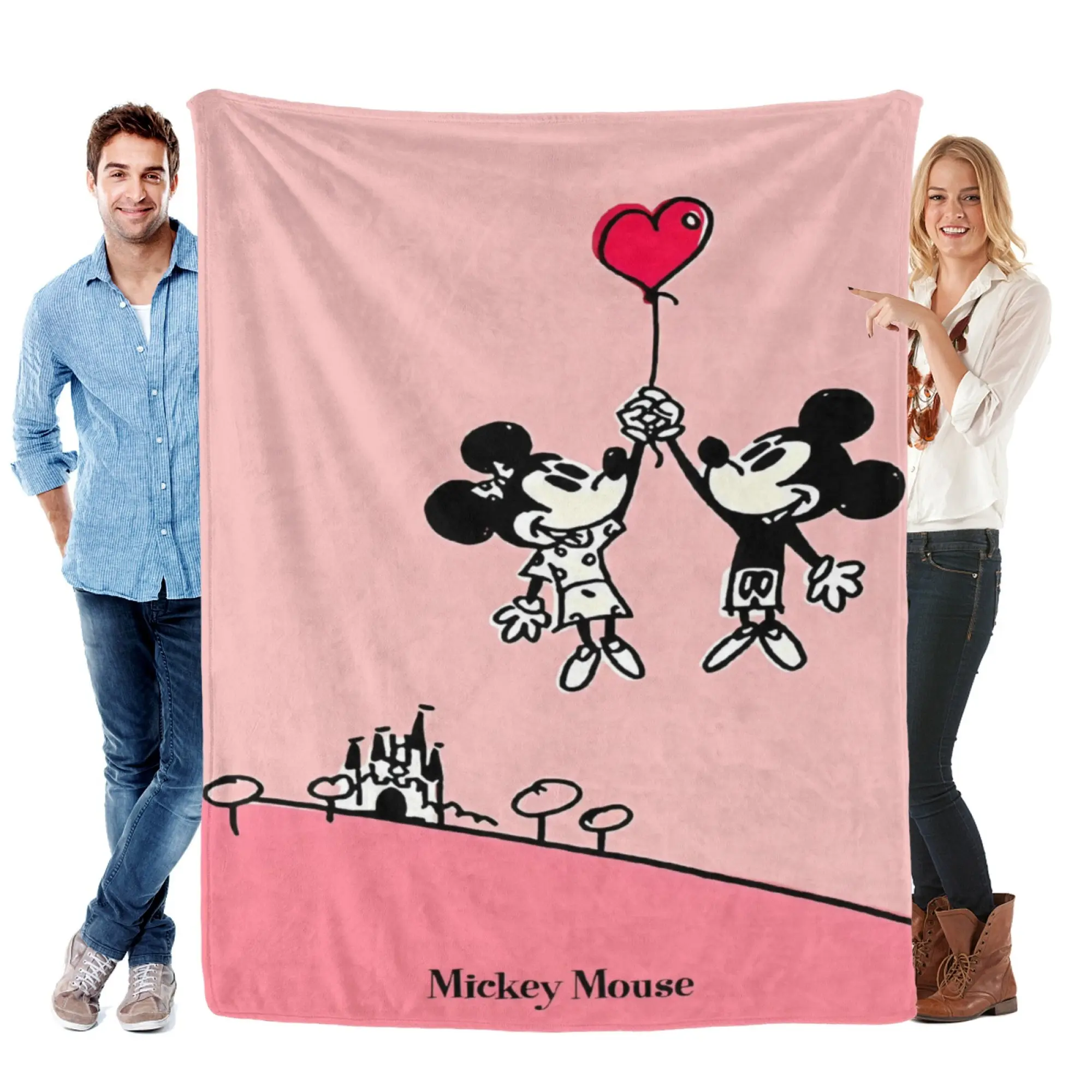 [SummerVibes] DISNEY CLASSIC Mickey & Minnie Heart Balloon Pink Flannel Blanket, Soft 2D Cartoon Print Throw for Home, Couch, Office Nap & Romantic Gift