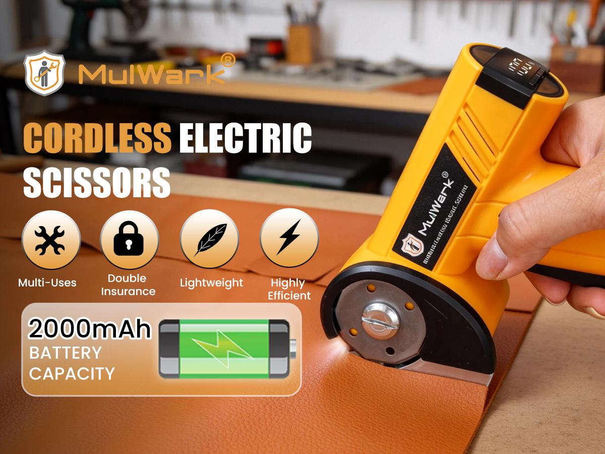 Mulwark Cardboard Cutter Electric, 4.2V Electric Scissors Cordless LED Display an LED Light, Includes 2 Spare Blades, Professional Electric Box Cutter for Cardboard, Carpet, Plastic, Leather, Packaging, Portable Cutting Tool, Yellow with Storage Bag