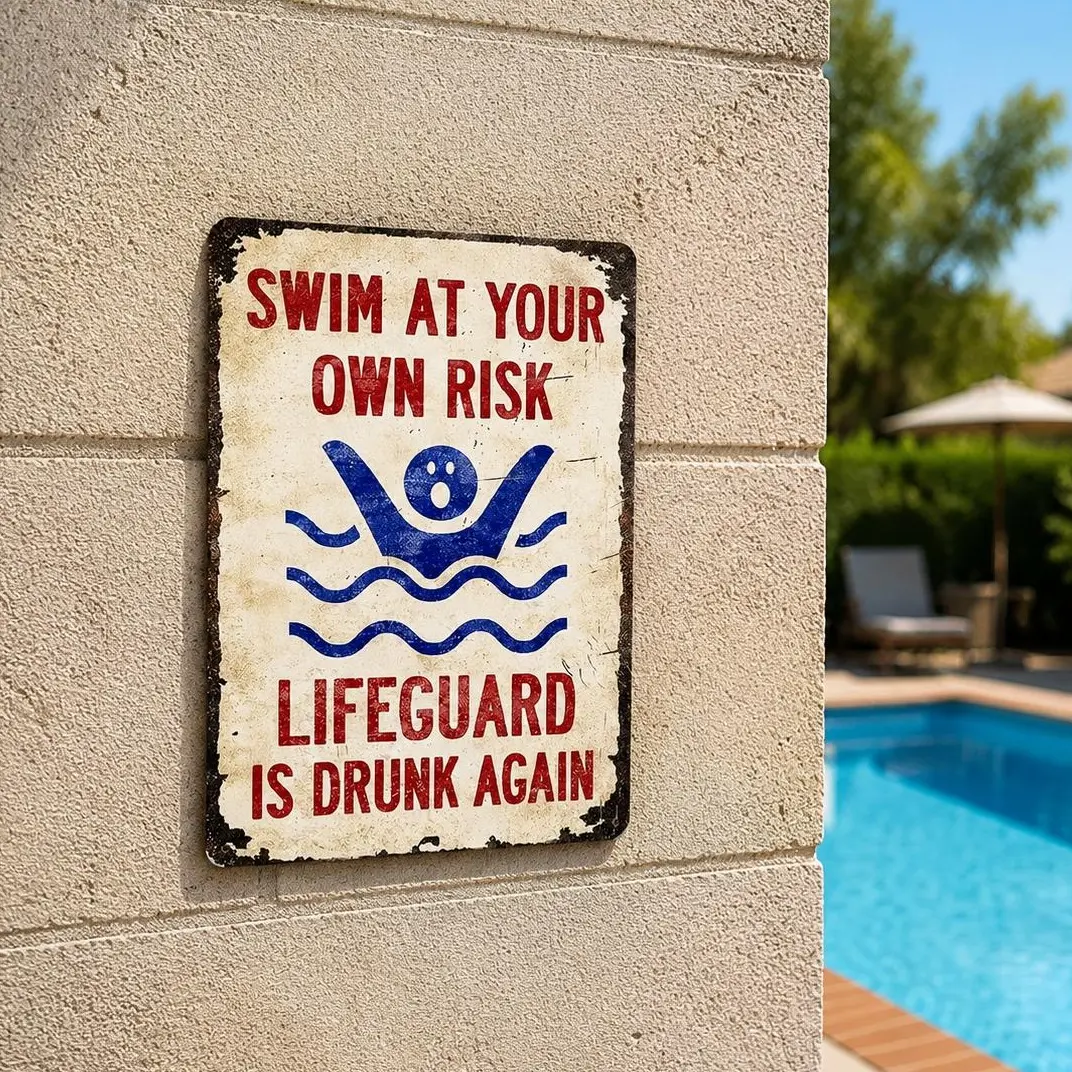 Swim At Your Own Risk Funny Pool Sign, Vintage Metal Wall Decor pre-drilled for Swimming Pool, Beach House, Water Park, Backyard Patio Decor, Waterproof Outdoor Tin Sign 8x12 Inch easy hanging