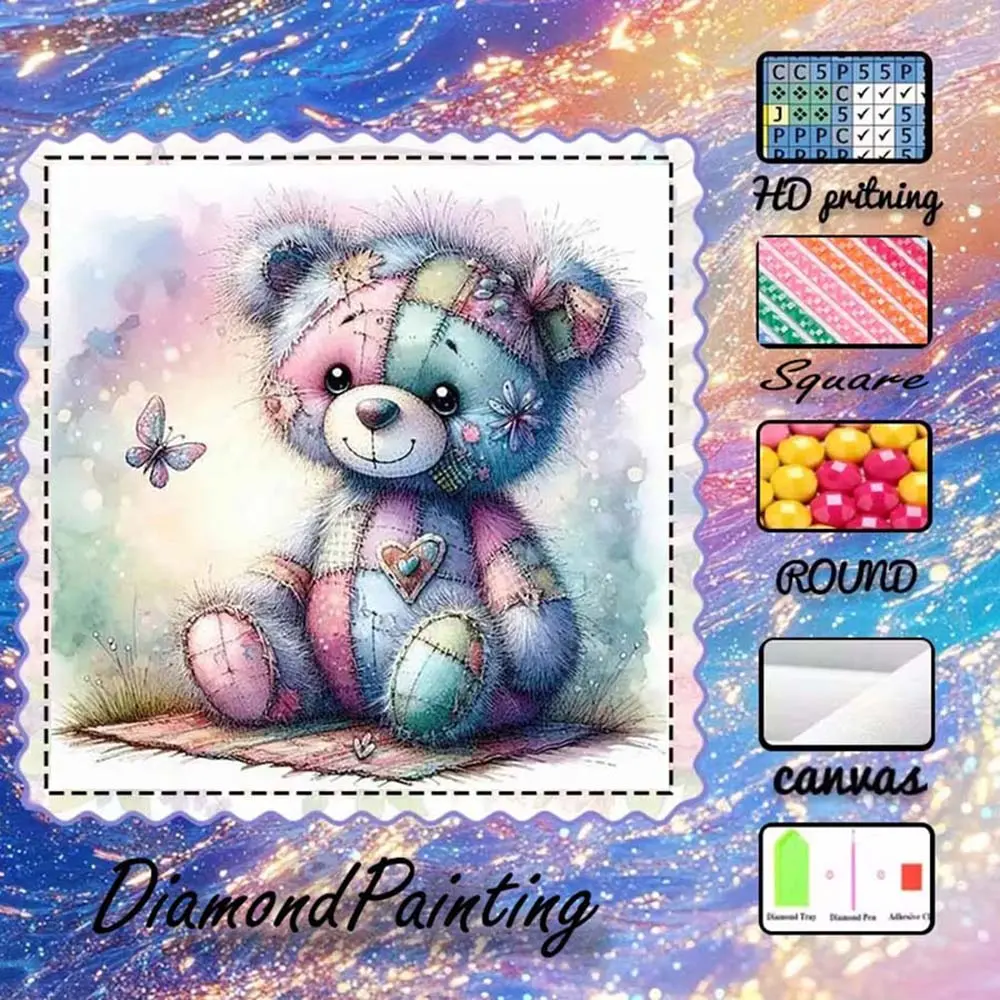 DIY 5D flocked cloth diamond painting kit, AB drills, fairy dust drills, crystal drills, bear, butterfly diamond embroidery, Embroidery Design, diamond art set, Diamond Art Mosaic, wall decoration, gift for family, friends