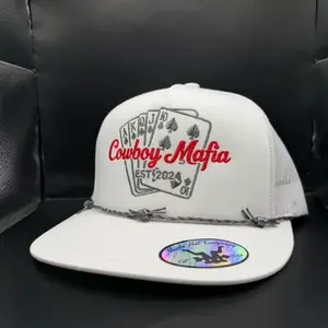 Cowboy Mafia Royal Flush Red Embroidery Hat with Poker Design and Barbed Wire Detailing