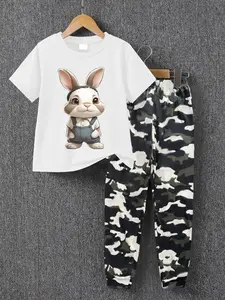 Boys' Summer Fashion Set, Easter Series Bunny Print Short Sleeve T-Shirt & Camo Sweatpants, Casual Loose Fit