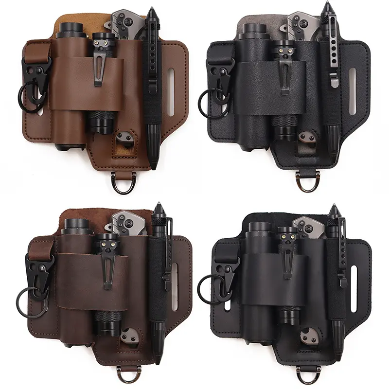 Durable Outdoor Hiking EDC Leather Tool Holster for Belt - Multi Purpose Rucksack Compatible, Multitool, Flashlight, Knife, Pen Carry Sheath, Everyday Carry Utility Organizer Pouch