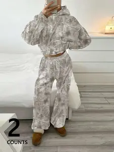 Women's Casual Two-Piece Set, Hooded Fitted Sweatshirt & Drawstring Pants, Light Floral Print Fabric, Street Style, Fashionable & Trendy Clothes