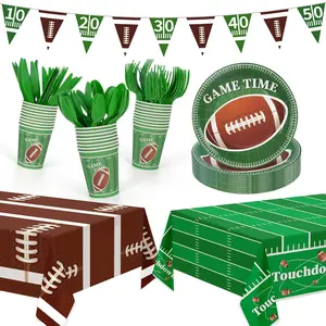 133Pcs Football Party Supplies Set Plates, Cups, Banner, Tablecloth, and Cutlery for Game Day
