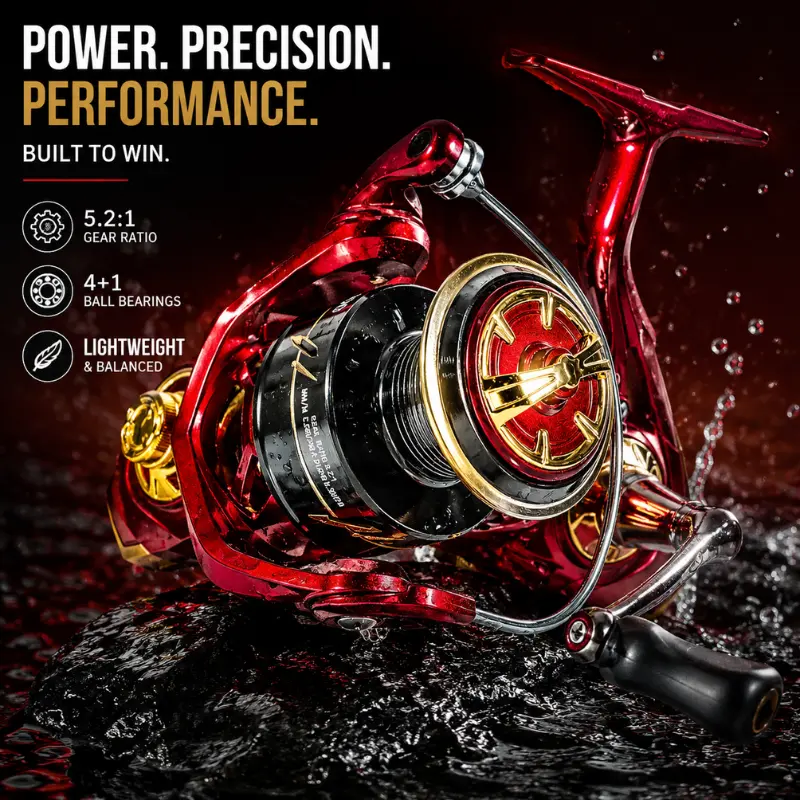 Red competition-grade metal spinning reel - 1000-6000 lb brake configuration - X-Golden hollow spool - 5.2:1 gear ratio - turbo drive - SMOOTH technology - all-water compatibility - the perfect gift for advanced anglers.