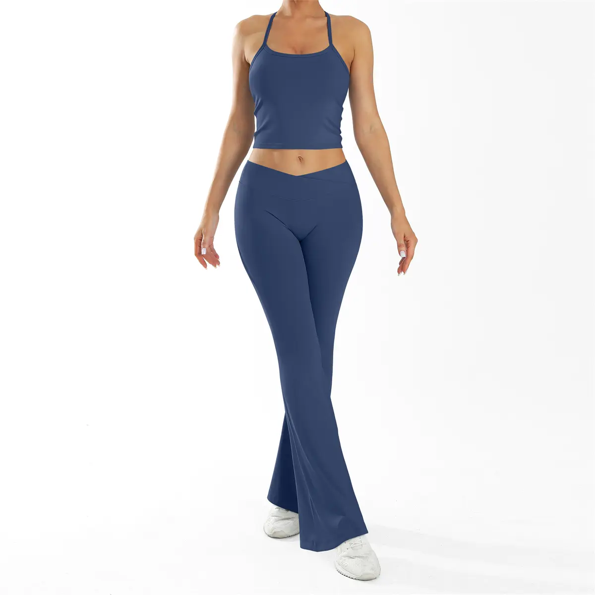 【GYMIN】Tight wide leg pants sportswear, compression sportswear, gym fitness clothing. Women's sloping back vest and high waisted hip hugging wide leg pants set, quick drying, moisture wicking, yoga, gym and fitness, women's fashionable sportswear
