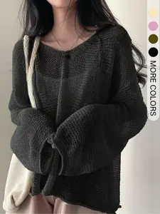 【Plus Size】 Solid Color Sheer Drop Shoulder Knitwear Sweater Pullover, Casual Long Sleeve V Neck Knitting Jumper for Fall & Winter, Women's Plus Clothing for Daily Wear