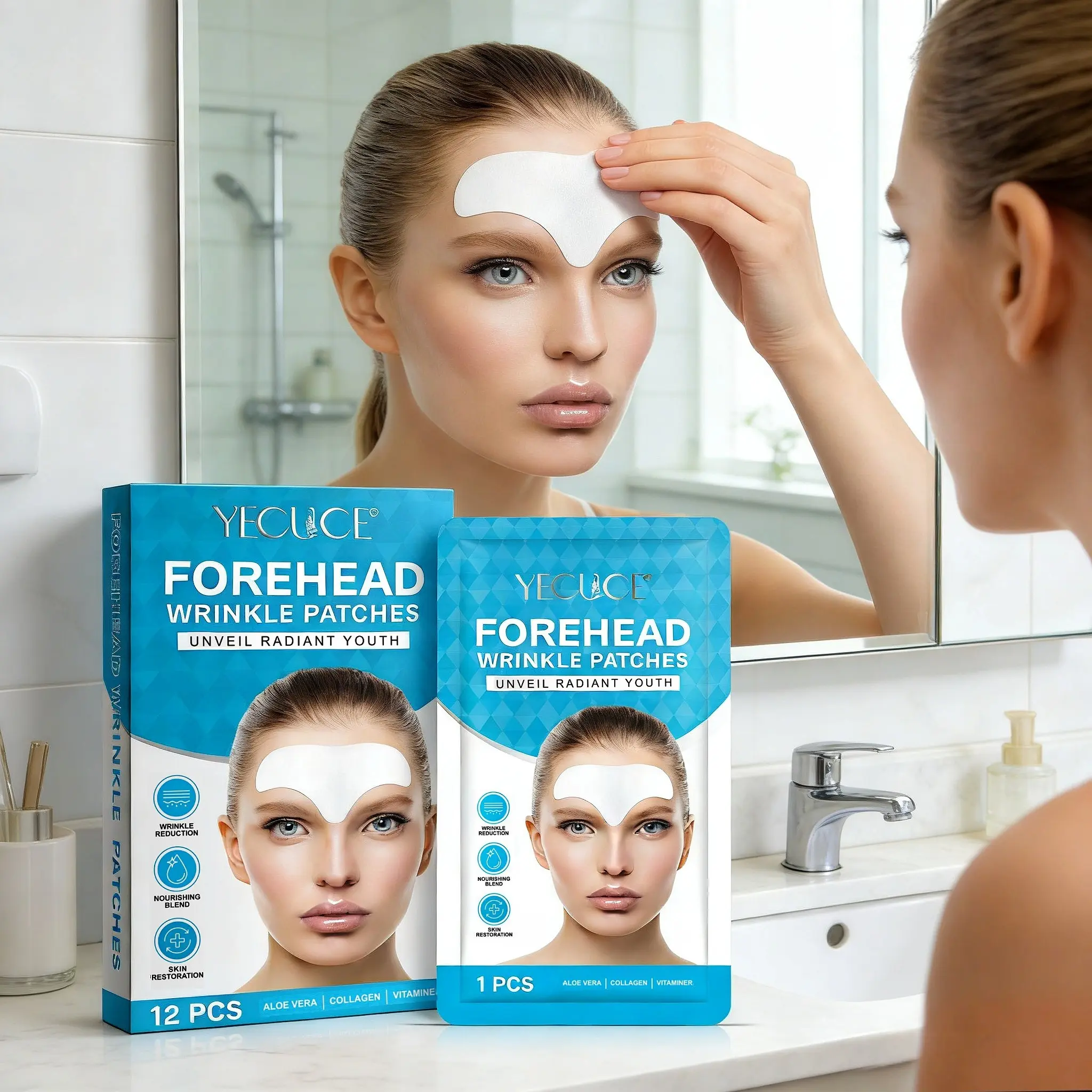 Yecuce Forehead Wrinkle Patches 12 Sheets, Contains Aloe Vera, Vitamin E, Hydrolyzed Collagen, Anti-Wrinkle Facial Stickers, Holiday Gift