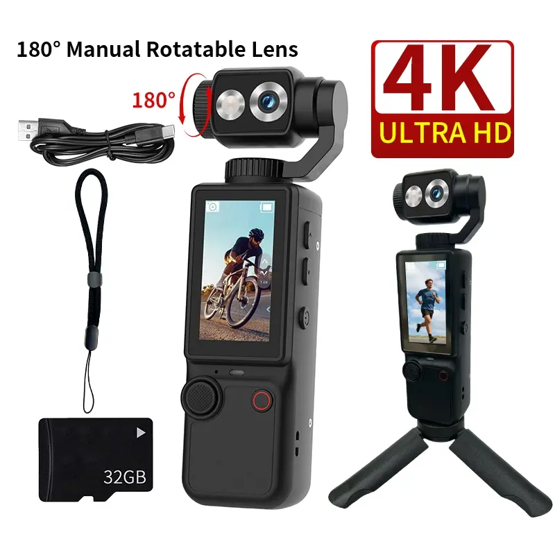 Action Camera with 180° Rotating Lens, Auto Focus Function. Portable Design for Outdoor Vlogging. Light Body, High Flexibility, Great for Recording Life, Outdoor Sports Camera, Video Recording Gear