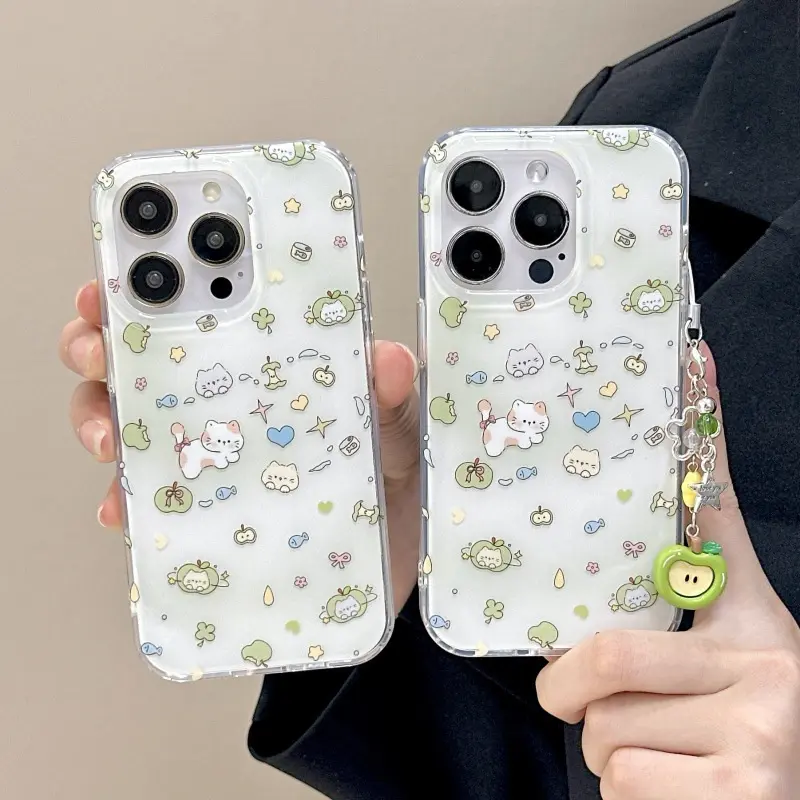 Crystal transparent white light green apple kitten protective phone case cover with chain Accessories for iPhone 11 12 13 14 15 16 17 pro max