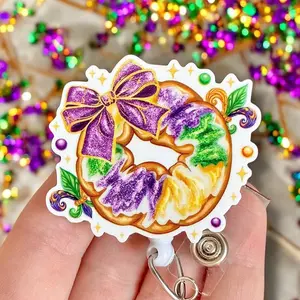 Glitter My Badge Mardi Gras king cake badge reel for nurse and hospital workers. Badge clip Badge pull - Retractable swivel clip with a 360 rotation. Great gift for coworker.