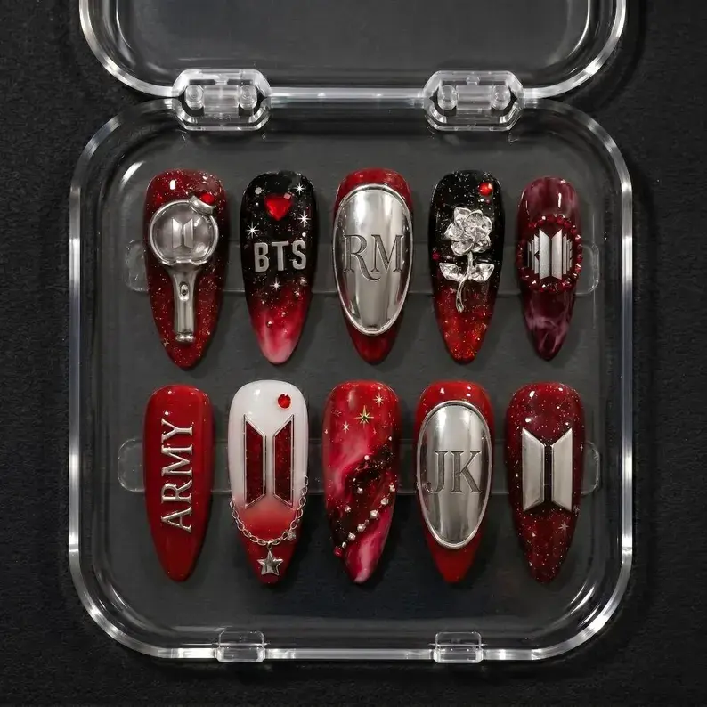 BTS Press On False Nails - RM & Jungkook Themed, Red Black Silver Design, Kpop Army Bomb Inspired 3D Rose Chain Art, Custom Glue-On Nails