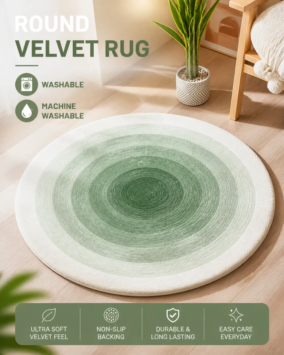 Machine Washable Gradient Green Velvet Round Area Rug - Soft Plush Non-Slip Circular Floor Carpet for Living Room, Bedroom Home Decor