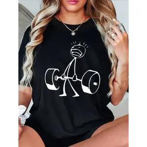 Women's Black Crew Neck Short Sleeve T-Shirt 100% Cotton with Cartoon Barbell Design for Gym & Casual Wear