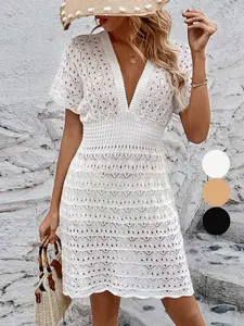 【Plus Size】 Solid Hollow Out Cover Up Dress, Casual Deep V Neck Dress for Beach Holiday Vacation, Women's Swimwear for All Seasons, Functionality and Performance, Beach Cover Ups